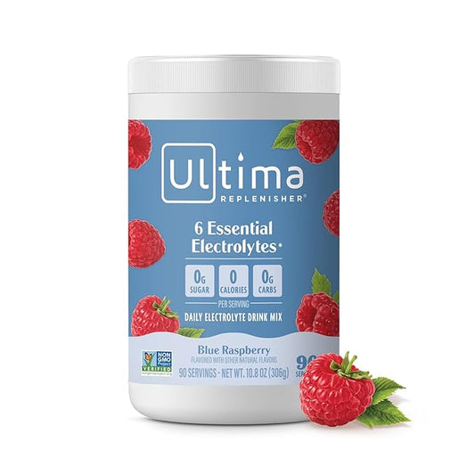 Ultima Replenisher Daily Electrolyte Drink Mix – Blue Raspberry, 90 Serving – Hydration Powder with 6 Key Electrolytes & Trace Minerals – Keto Friendly, Vegan, Non-GMO & Sugar-Free Electrolyte Powder