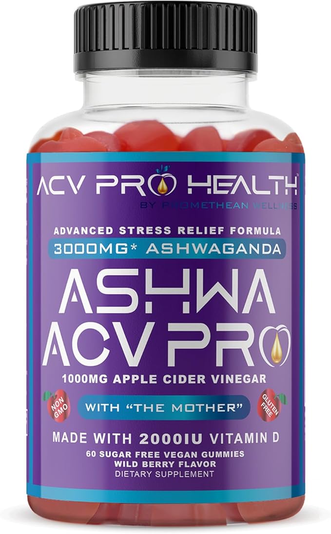 Ashwa ACV Pro Health - Sugar Free Apple Cider Vinegar Gummies, Ashwagandha Gummies, Advanced Keto ACV Gummies, Ashwagandha Supplements with Vitamin D, Stress Relief Supplement,1g Carbs Per Gummy Golo