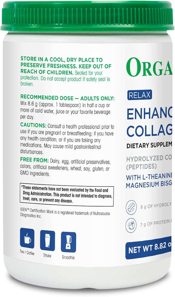 Organika Enhanced Collagen Relax Powder with Magnesium Bisglycinate and L-Theanine - Aids in Sleep, Sustained Energy Levels Throughout The Day- 250g