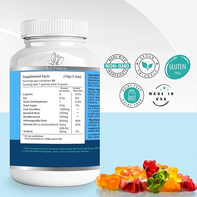 BIO VITALICA Sea Moss Ashwagandha Gummies - Organic Irish Seamoss & Ashwa Root Powder Supplements for Supporting Energy & Immunity for Men and Women
