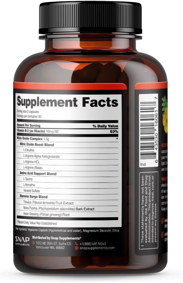 Snap Supplements Nitric Oxide Booster, Nitric Oxide Supplement for Blood Circulation and Blood Flow, 60 Capsules