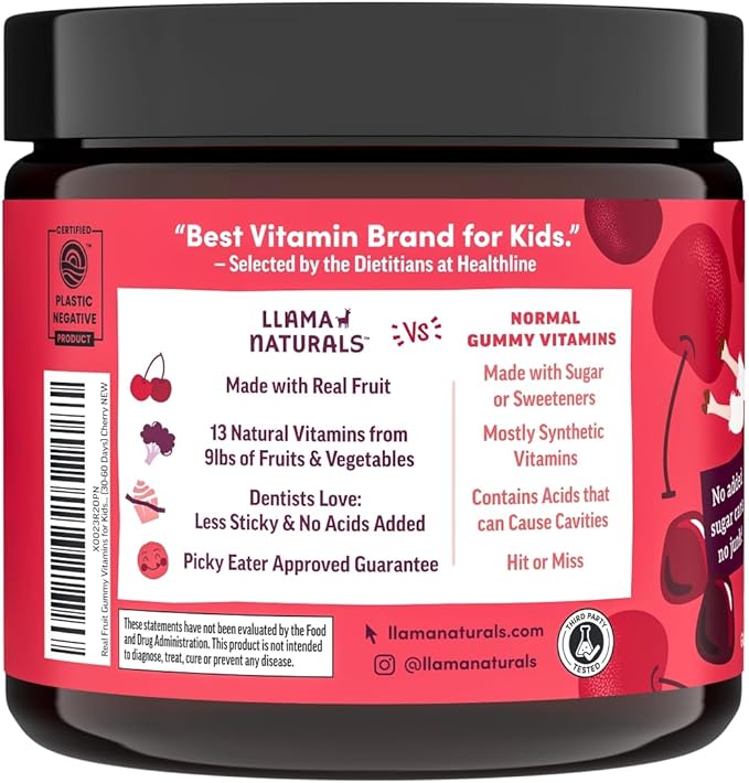 Real Fruit Gummy Vitamins for Kids, No Added Sugar Cane, Beta Carotenes, Whole Food Multivitamin, Vegan Toddler Gummies, Plant Based, Organic, Chewable 90 ct (30-45 Days) Cherry (2 Pack)