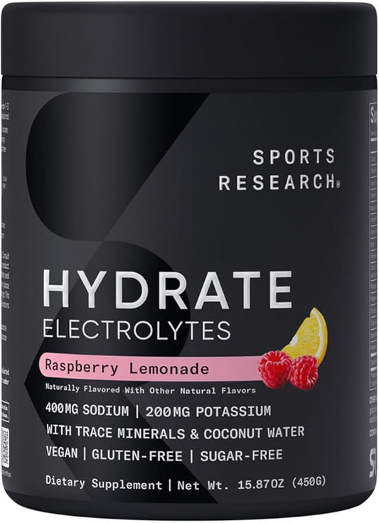 Sports Research Hydrate Electrolytes Powder - Sugar-Free & Naturally Flavored with Vitamins, Minerals, and Coconut Water - Supports Hydration - Raspberry Lemonade