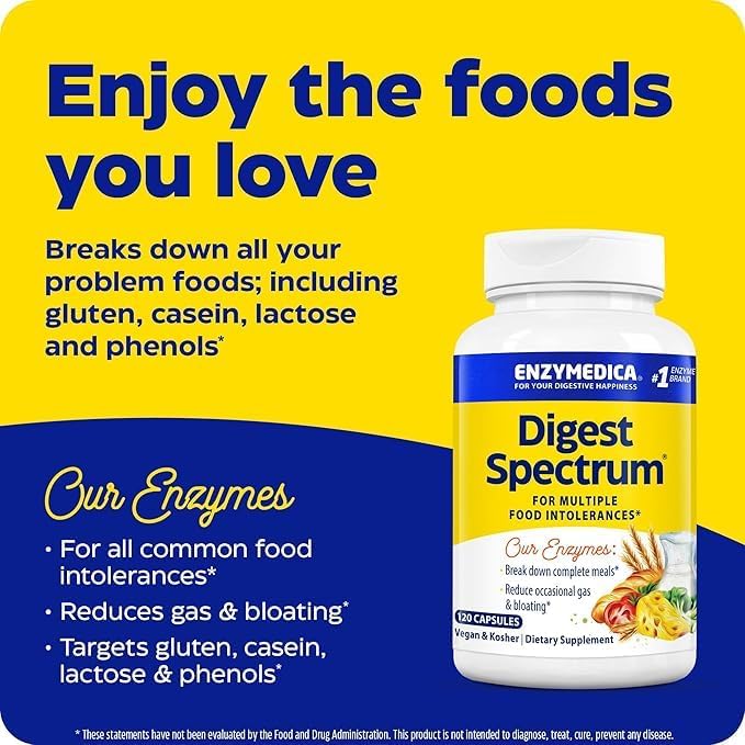 Enzymedica Digest Spectrum, Digestive Enzymes for Multiple Food Intolerances, Offers Fast-Acting Gas & Bloating Relief, 120 Count
