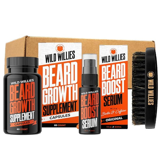 Wild Willies Beard Grooming Kit - Beard Growth Serum, Boar Bristle Brush, Supplement, and Travel Bag