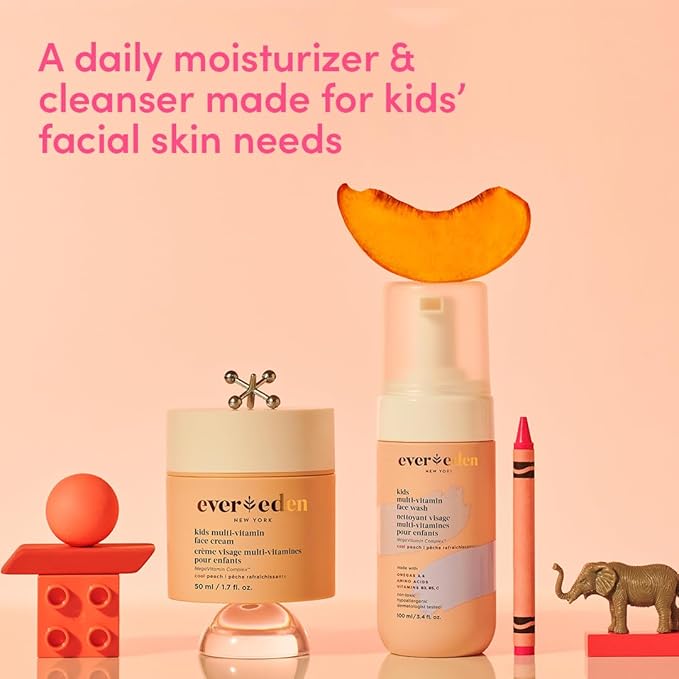 Evereden Kids Happy Face Duo (Cool Peach) - Multi-Vitamin Kids Face Wash & Kids Face Cream Set - Clean & Vegan Skin Care for Kids 3+ - Moisturizing, Nourishing, & Protective Kids Skin Care Set