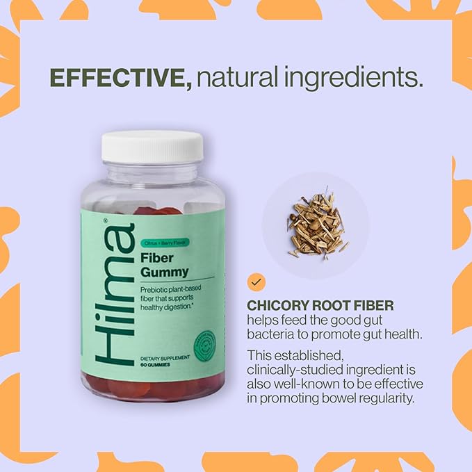 Hilma Prebiotic Fiber Gummies – Daily Fiber Supplement, Gummies for Adults – Supports Gut Health for Women & Promotes Regularity – Citrus & Berry Natural Flavor – FSA Eligible, 60 Count