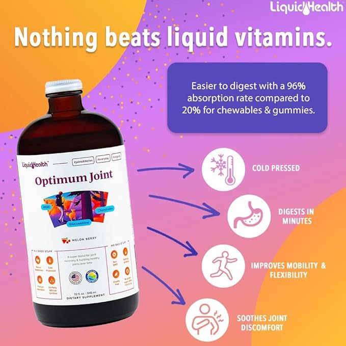 LIQUIDHEALTH 32 Oz Optimum Joint Support Supplement with Glucosamine Chondroitin MSM Hyaluronic Acid - Triple Strength Liquid Vitamins, Gluten-Free, Sugar-Free, Dairy-Free, Soy-Free Joint Juice