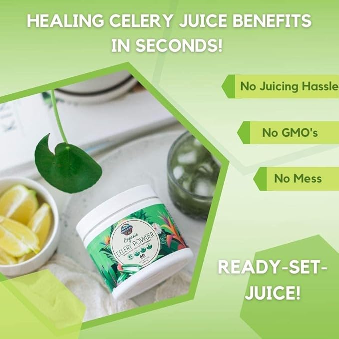 Organic Celery Juice Powder (40 Servings) Supports Gut Health, Detox Juice Cleanse, Boost Energy Levels & Immune System, Green Juice Powder, Powdered Greens, Colon & Body Detox Cleanse for Women Men