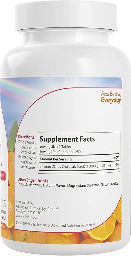 Zahler Junior D3 Vitamins 1000 IU - Chewable Vitamin D3 for Kids - Vitamin D for Kids to Support Bone, Teeth & Immune Health - Kosher Kids Vitamin D3 Orange Flavor - D3 Vitamins for Kids 250 Count.