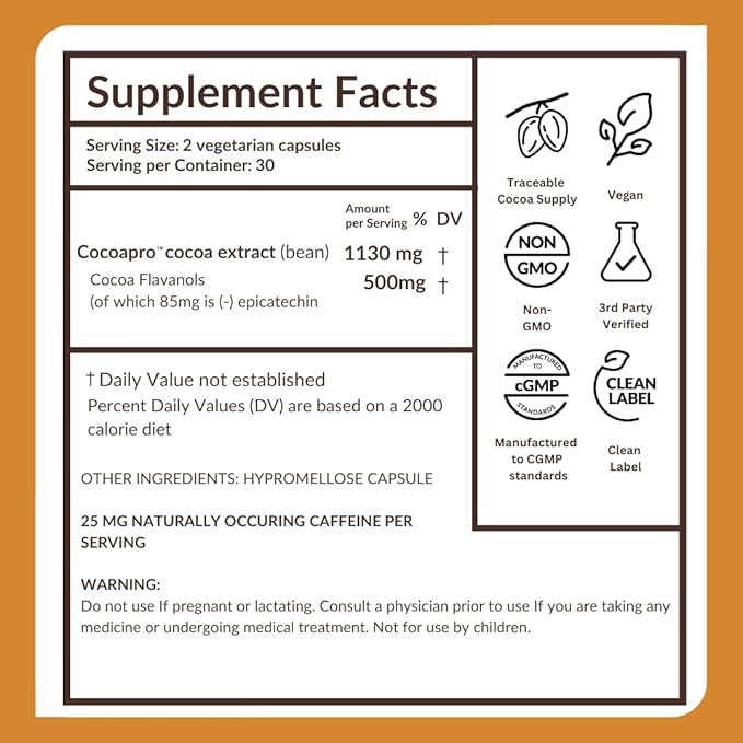 CocoaVia Cardio Health Supplement, 60 Day, 500mg Cocoa Flavanols, Support Heart Health, Boost Nitric Oxide, Blood Circulation, Energy, Vegan, Dark Chocolate, 120 Capsules