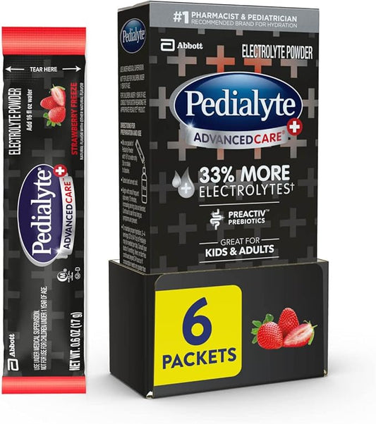 Pedialyte AdvancedCare Plus Electrolyte Powder, with 33% More Electrolytes and PreActiv Prebiotics, Strawberry Freeze, Electrolyte Drink Powder Packets, 0.6 oz, 6 Count