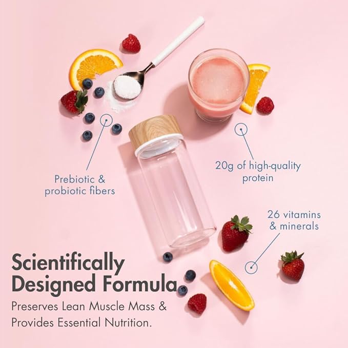 Nutritional Beverage for GLP-1 Users, Dietary Powder Drink Provides 20g Essential Protein, 26 Vitamins/Minerals, Helps Ease Nausea, Bloating, Constipation, Strawberries & Cream (14 Count)