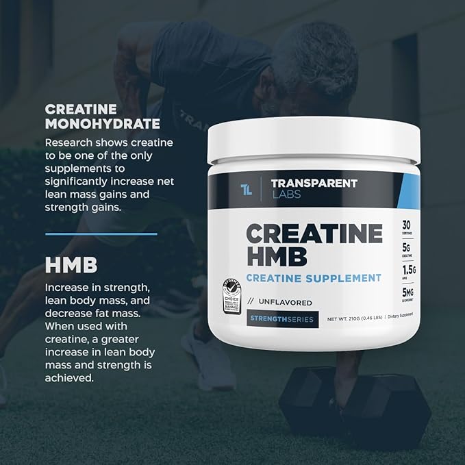 Transparent Labs Creatine HMB - Creatine Monohydrate Powder with HMB for Muscle Growth, Increased Strength, Enhanced Energy Output, and Improved Athletic Performance - 30 Servings, Unflavored