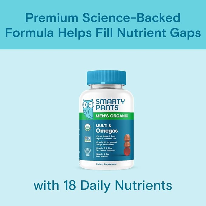 SmartyPants Multivitamin for Men, Organic Gummies: Methylfolate, Omega 3 (ALA), Vitamin D3, C, Vitamin B12, B6, Vitamin A, K & Zinc for Immune Support, Vegetarian, 120 Gummies (30 Day Supply)