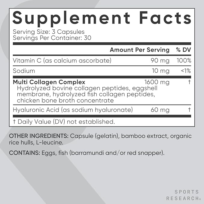 Sports Research Multi Collagen Pills (Type I, II, III, V, X) Hydrolyzed Collagen Peptides with Hyaluronic Acid + Vitamin C | Non-GMO Verified & Gluten Free - 90 Capsules