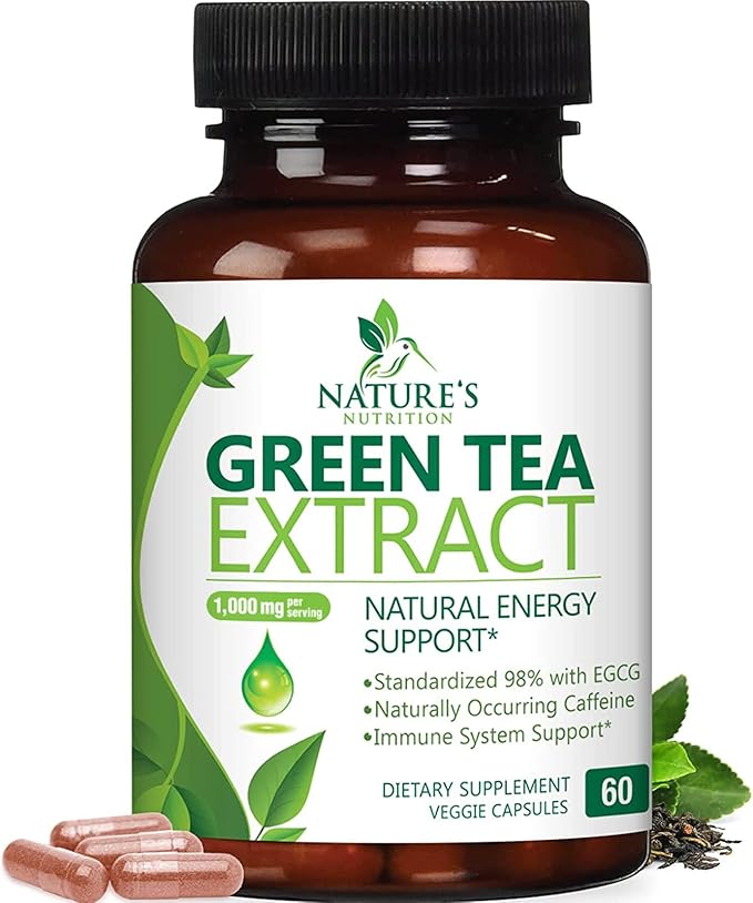 Green Tea Extract Capsules 1000mg 98% Standardized EGCG - 3X Strength for Natural Energy - Heart Support with Polyphenols - Gentle Caffeine - 60 Capsules