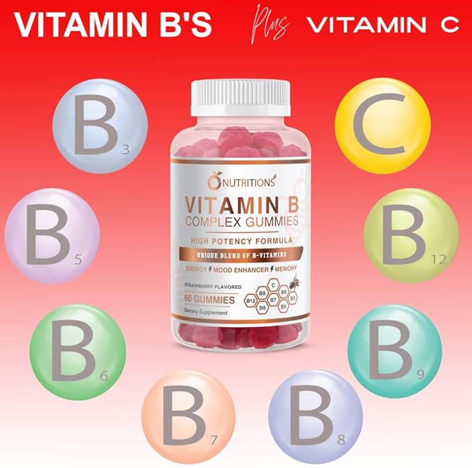 O NUTRITIONS Vitamin B Complex Vegan Gummies with Vitamin B12, B7 as Biotin, B6, B3 as Niacin, B5, B6, B8, B9 as Folate for Stress, Energy and Healthy Immune System (1 Pack)