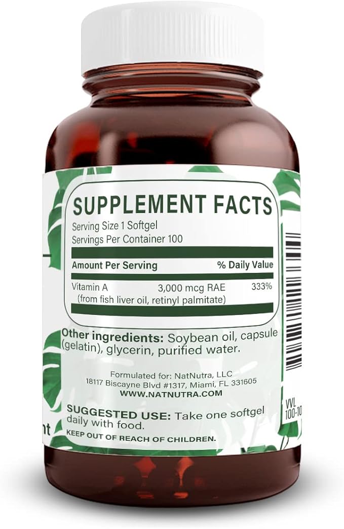 Natural Nutra Vitamin A 10,000 IU Softgels – High Potency Eye and Skin Vitamins – Gluten-Free Vitamin A Supplement for Sight & Skin Health – Fish Liver Oil for Men and Women, Gluten Free 100 Softgels