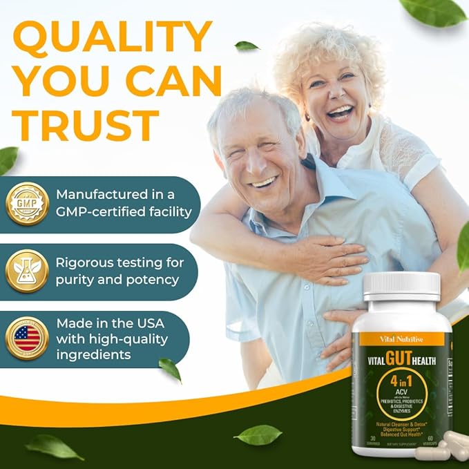 Vital Gut Health 4in1 Formula with Apple Cider Vinegar, Prebiotics & Probiotics, Digestive Enzymes for Strong Immunity Support and Complete Gut and Digestion Support