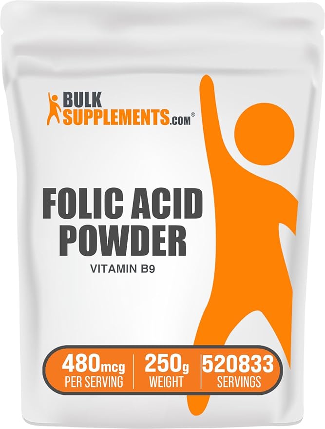 BulkSupplements.com Folic Acid Powder - Vitamin B9, Folic Acid Supplement - Folic Acid Prenatal Vitamins, Folic Acid 800 mcg - Gluten Free, 480mcg per Serving, 250g (8.8 oz) (Pack of 1)