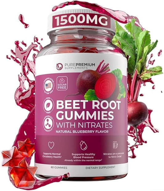 PurePremium Beet Root Gummies - 60 Sugar Free Beet Chews (50:1 Equivalent 1500 mg) - Super Nitric Oxide Gummies - Natural Blueberry Beets Chewables - Beets Supplements for Normal Blood Pressure