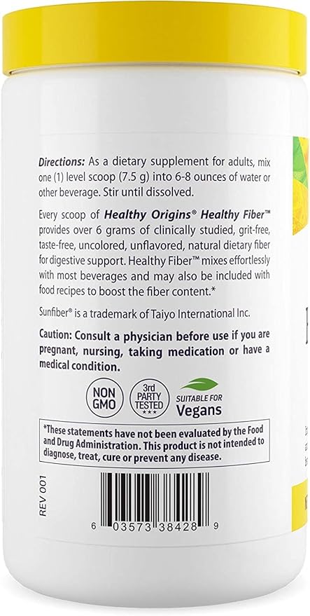 Healthy Origins Healthy Fiber - Clear Mixing (Sunfiber), 225 g - Gut Health Supplements for Women & Men - Fiber Powder Dietary Supplement - Gluten-Free Supplement - 7.9 Oz