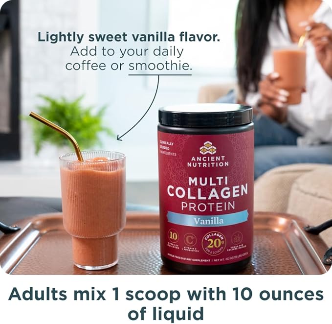Ancient Nutrition Collagen Powder Protein with Probiotics, Multi Collagen Protein with Vitamin C, Hydrolyzed Collagen Peptides Supports Skin and Nails, Gut Health (60 Servings, Vanilla)