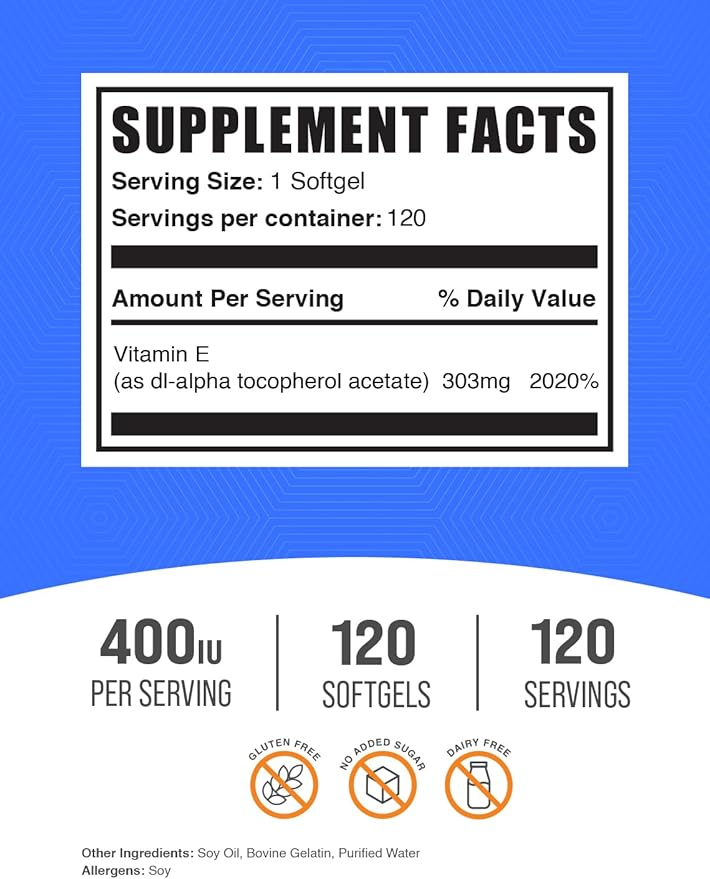 BulkSupplements.com Vitamin E 400 IU Softgels - Vitamin E Supplement, Vitamin E Softgels - as DL-Alpha-Tocopherol, Antioxidants - Gluten Free, 1 Softgel per Serving, 120 Count (Pack of 1)