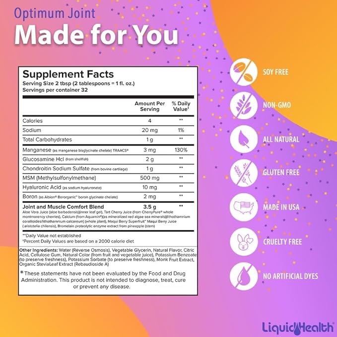 LIQUIDHEALTH 32 Oz Optimum Joint Support Supplement with Glucosamine Chondroitin MSM Hyaluronic Acid - Triple Strength Liquid Vitamins, Gluten-Free, Sugar-Free, Dairy-Free, Soy-Free Joint Juice
