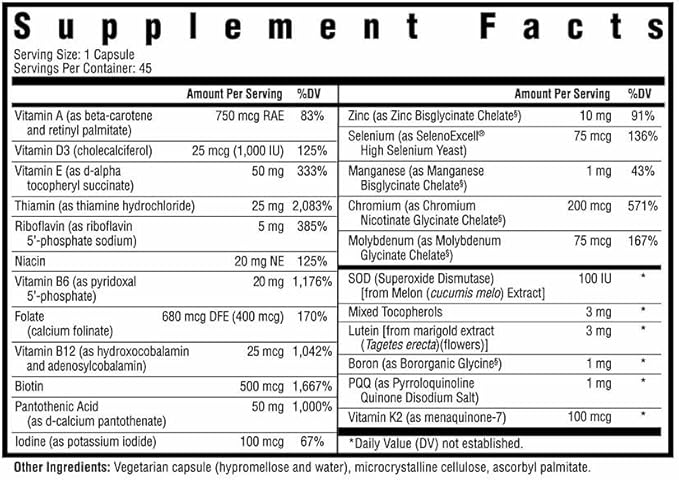 Seeking Health Multivitamin One MF - MTHFR Support Supplement with Folinic Acid & Vitamin B12 - Easy-to-Digest - Methyl-Free Vegetarian Capsule - 45 Veggie Capsules