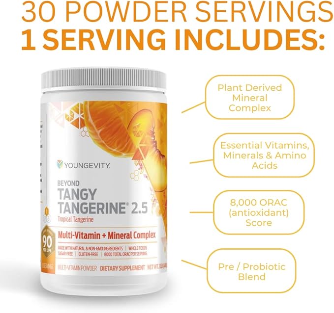 Youngevity Beyond Tangy Tangerine 2.5 Tropical Tangerine Ultimate Multi-Vitamin & Mineral Complex - Made with Natural & Whole Foods | 8,000 ORAC