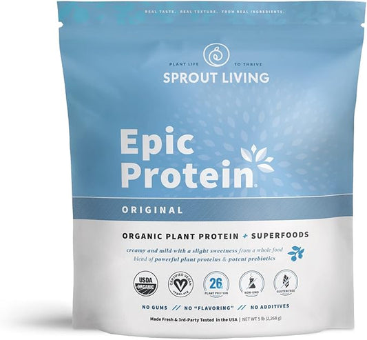 Sprout Living Plant Based Protein & Superfoods Powder, Original, Unflavored | Organic Protein Powder, Vegan, Non Dairy, Non-GMO, Gluten Free, Sugar Free, Perfect Keto Drink Mix (5 lb)