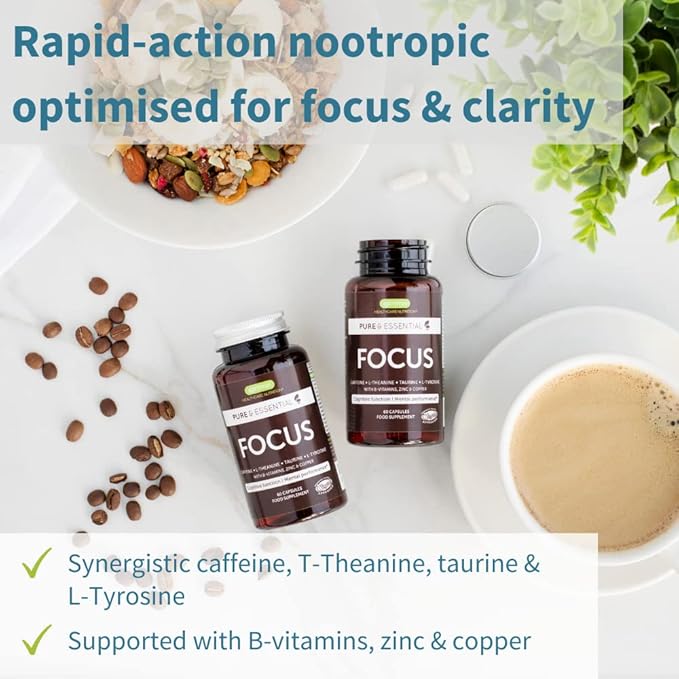 Focus - Methylated Nootropic with 200mg Natural Caffeine, Active B Vitamins, L-Theanine, Taurine, L-Tyrosine, Clean Energy, Brain Booster & Cognitive Performance, Non Jittery, 60 Capsules, by Igennus