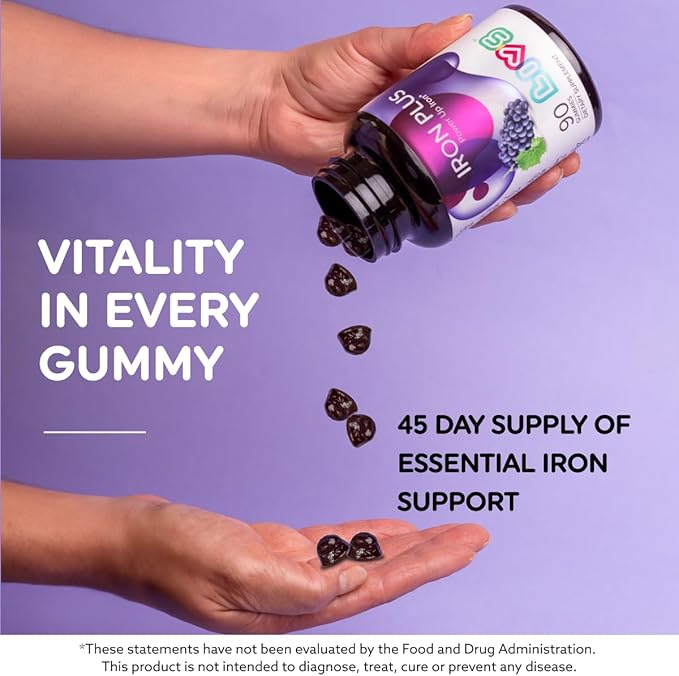 LIVS Iron Plus Gummy Vitamin | Iron with Vitamin C | Made in USA | Iron Gummies for Adults & Kids | All-Natural, Gluten-Free, Non-GMO & Vegan Iron Supplement Gummies | Grape Flavored, 180 Count