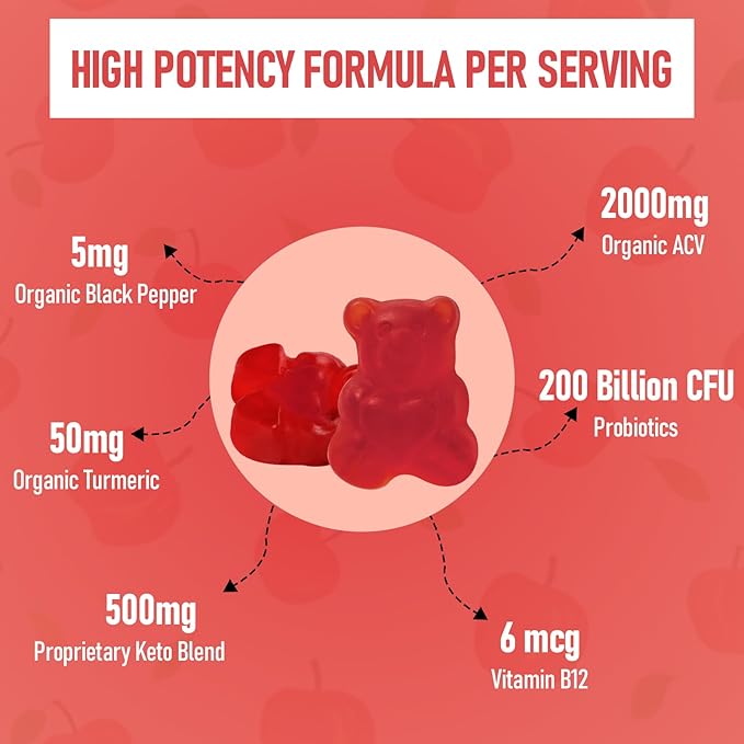 Apple Cider Vinegar Gummies, Max Strength 2000mg ACV Gummies with Probiotics, B12 and Keto, for Digestion, Metabolism, Gut & Immune Health, Gelatin-Free, Vegan & Non-GMO, 180 Gummies