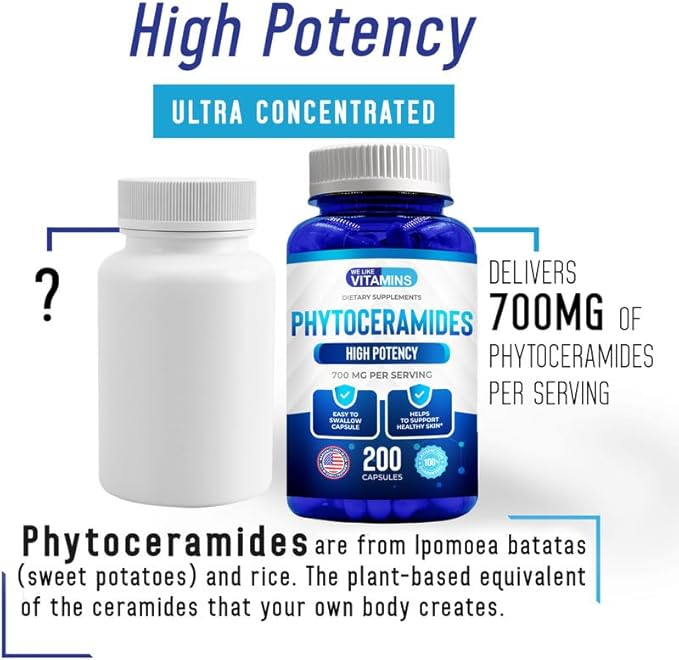 We Like Vitamins Phytoceramides 700mg - 200 Capsules All Natural Wheat Free and Plant Based - Phytoceramide Supplement - 700 mg per Serving - Skin Hydration, Repair, Rejuvination