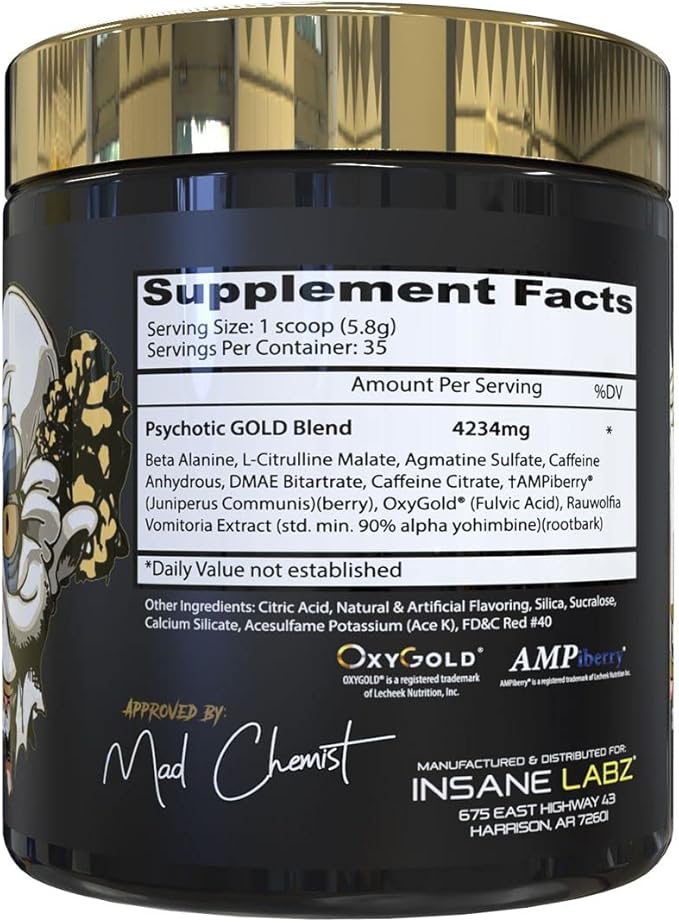Insane Labz Psychotic Gold and Insane Veinz Gold Pre Workout Nitric Oxide Booster Stack, Increase Muscle Mass, Vascularity, Strength, Energy, Focus, Gummy Candy and Fruit Punch.