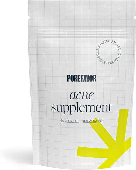 POREFAVOR Acne Supplements – Includes DIM, Zinc + 10 actives targeting the 4 stages of acne development Clear Skin Vitamins for Spots, Blemishes & Oil Control, for Women, Men, & Teens (1 Month Supply)