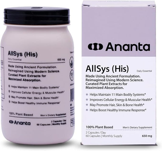 Ananta AllSys His Supplement for Men - Support to Maintain 11 Main Bodily Systems, Help to Promotes Hair, Skin and Bone Health, Helps Boost Immune Support (60 Vegan Capsule)