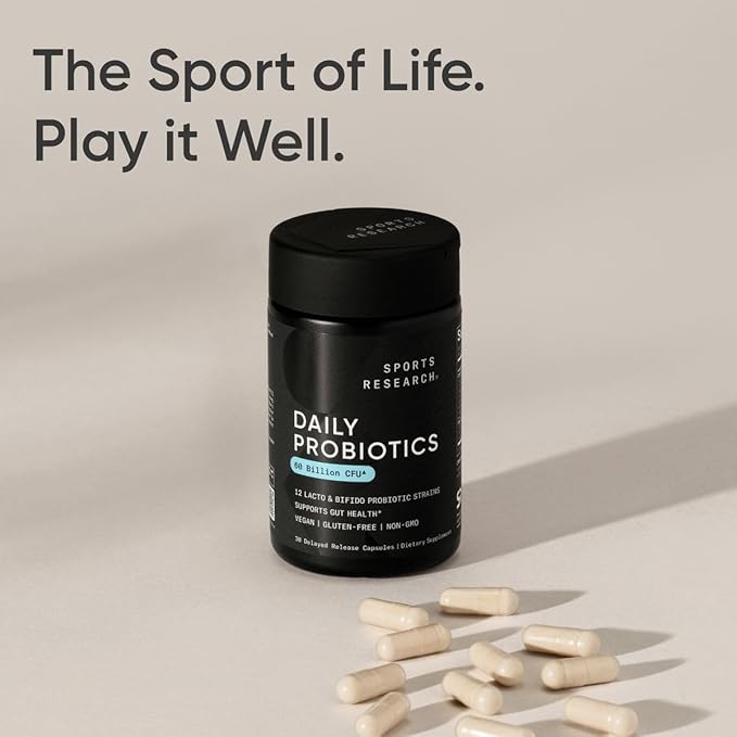 Sports Research Daily Probiotics with Prebiotics, 60 Billion CFU - Vegan Capsules for Gut Health & Digestive Support, Probiotics for Women & Men - Non-GMO Verified & Gluten Free - 30 Count