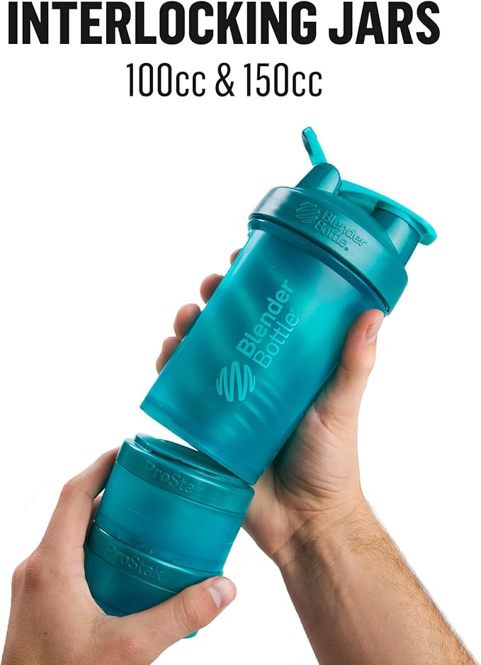 BlenderBottle Shaker Bottle with Pill Organizer and Storage for Protein Powder, ProStak System, 22-Ounce, Pebble Grey