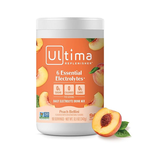 Ultima Replenisher Mocktini Electrolyte Drink Mix – Peach Bellini, 90 Servings – Hydration Powder with 6 Key Electrolytes & Trace Minerals – Keto Friendly, Non- GMO & Sugar-Free Electrolyte Powder