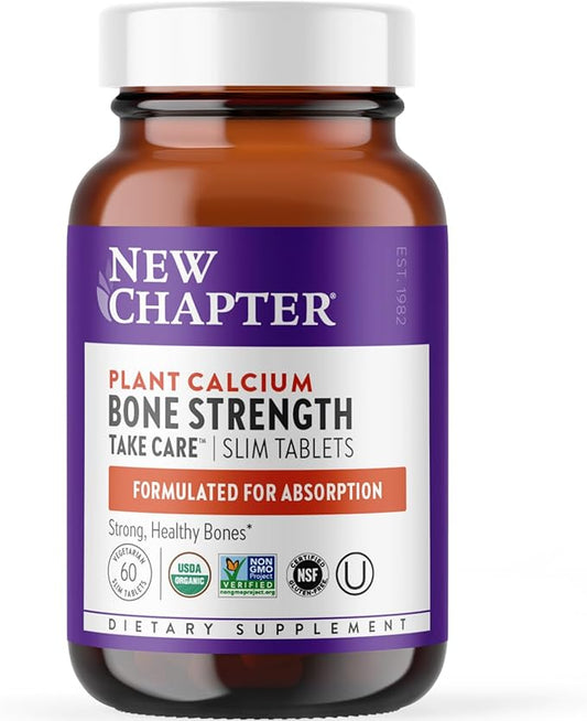New Chapter Calcium Supplement - Bone Strength Organic Calcium with Magnesium, Vitamin D3+K2, 70+ Trace Minerals for Bone Health, Gluten Free, Easy to Swallow Slim Calcium Tablets - 60 Count