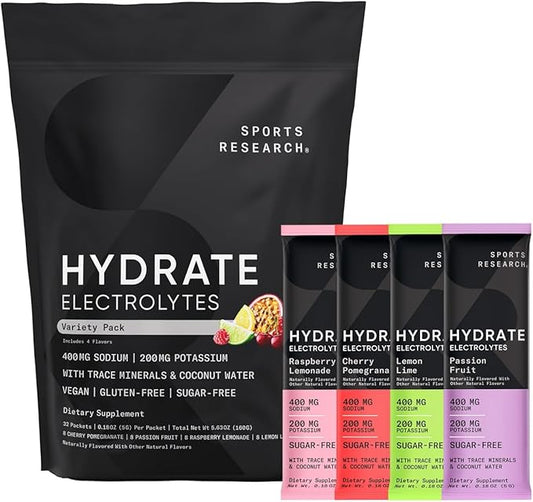 Sports Research Hydrate Electrolytes Powder Packets - Sugar-Free & Naturally Flavored with Vitamins, Minerals, and Coconut Water - Supports Hydration - 32 Packets - Variety Pack