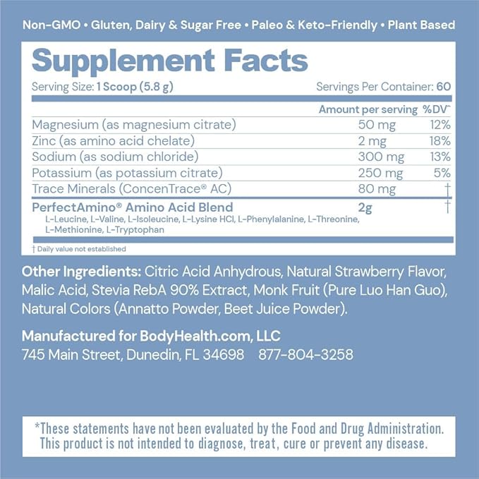 BodyHealth PerfectAmino Electrolytes Powder, Hydration Powder, Sugar Free Electrolyte Drink Mix, Keto Electrolytes Powder, Non GMO, Strawberry Flavor (60 Servings)