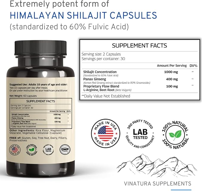Shilajit Pure Himalayan Capsules (60% Fulvic Acid) - 1500mg with Panax Ginseng, Shilajit Supplement per Serving - High in Trace Minerals *USA Made & Tested* Immune Support