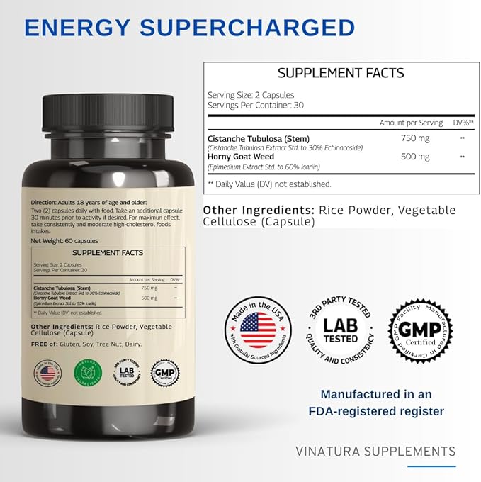 Cistanche with Horny Goat Weed 60% Icariin - 1250mg per Serving, Cistanche Tubulosa, Cistanche Supplement Men, Energy, Strength Cognitive *USA Made and Tested* - 60 Capsules 30 Servings