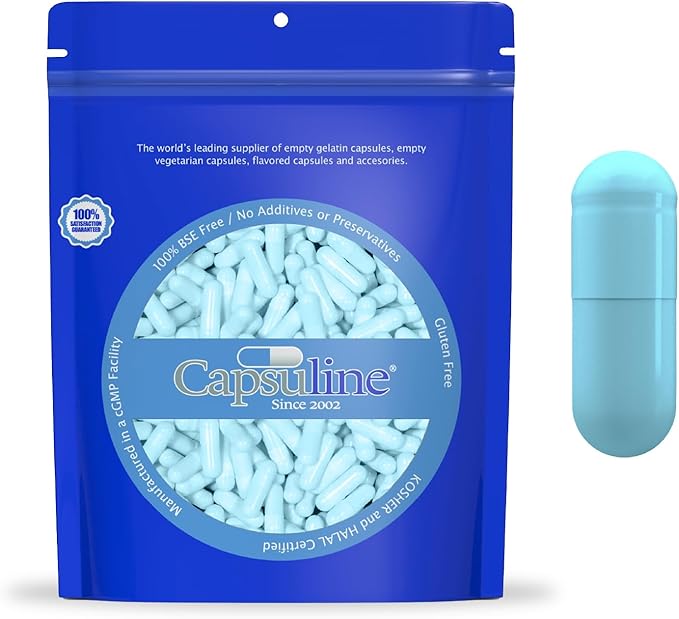 Capsuline Colored Size 0 Empty Vegan Capsules - 1000 Count - Empty Veggie Pill Capsules - DIY Vegetable Capsule Filling - Empty Caps - Kosher and Halal Certified - Non-GMO (Aqua Blue)