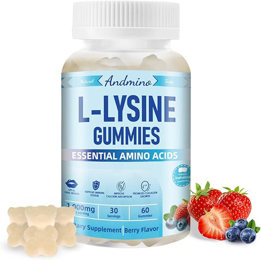 L-Lysine Gummies 1000 mg, with Trehalose, L Lysine Gummies for Lips & Oral Health, Boost Immune & Collagen & Calcium, for Adults & Kids, Non-GMO, Vegan, Gluten Free, Berry Flavor, 60